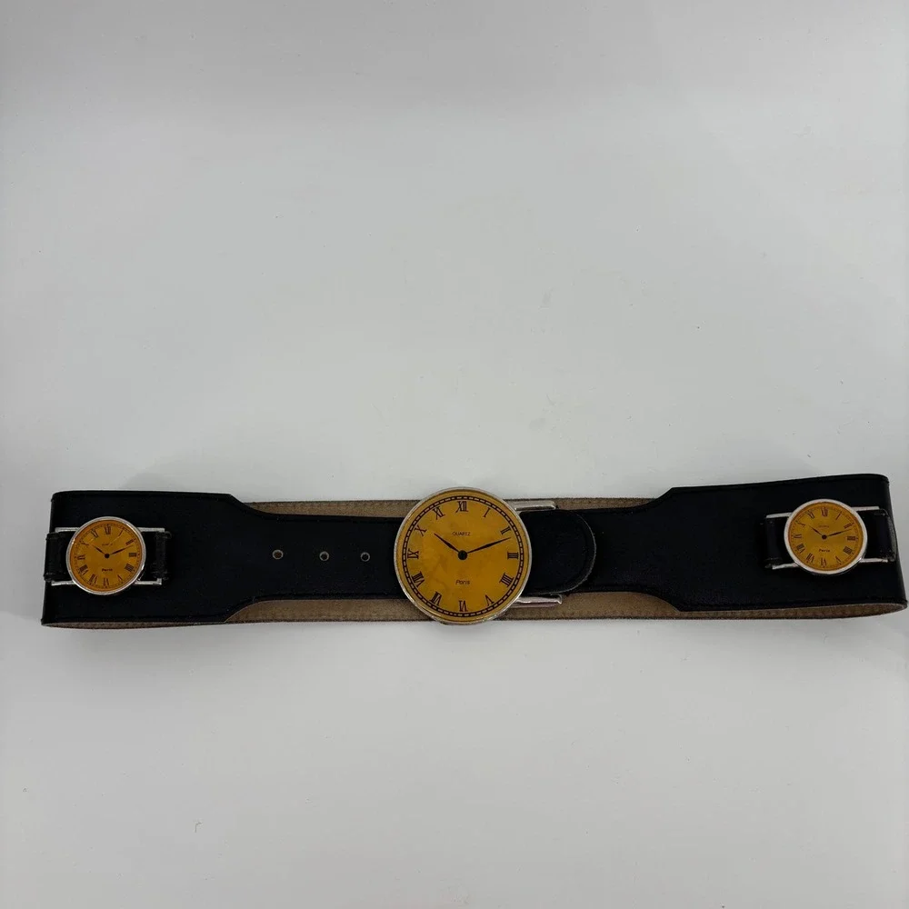 Cheval Watch Face Waist Belt Womens Small Black Leather Vintage Roman Numeral